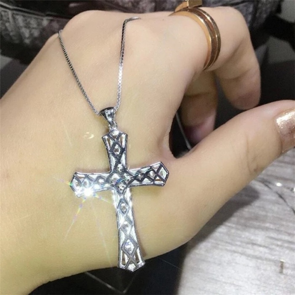 New 925 Silver Micro Paved Cubic Zircon Cross Diamond Necklace - Picture 3 of 6